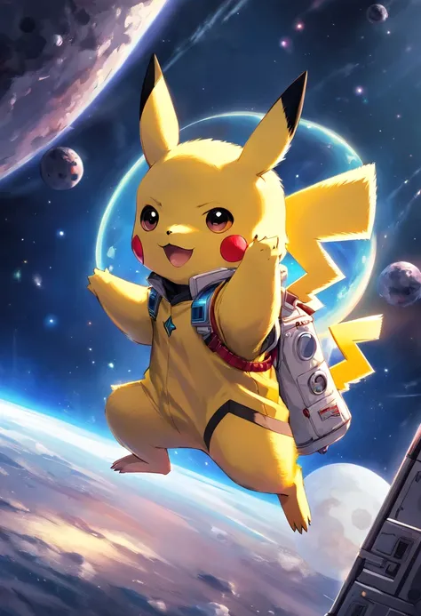 Playful cute Pikachu in astronaut clothes，Liveliness and agility，yellow and soft hair，red blush，Size, twinkle eyes，Cute pointed ears。(Pikachu:1.5)