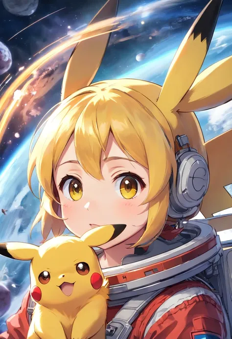 Playful cute Pikachu in astronaut clothes，Liveliness and agility，yellow and soft hair，red blush，Size, twinkle eyes，Cute pointed ears。(Pikachu:1.5)