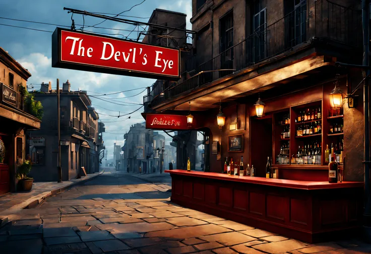 (best quality, 4k, 8k, high resolution, masterpiece: 1.2), ultra detailed, (realistic, photorealistic, photorealistic: 1.37),"a bar at the foot of a lonely street, on top of the roof there is a bright sign that says "the devils eye"