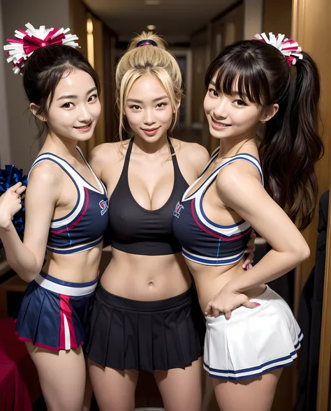 Cute 18 year old cheerleader、Woman with big breasts、Cheer Bishoujo、Alone、tanned beautiful girl、8 K、​masterpiece、top-quality、realisitic、Photorealsitic、ultra-detailliert、独奏、closeup portrait、Ponytail blonde、sexy facial expression、pantiy、a navel、In a gorgeous ...