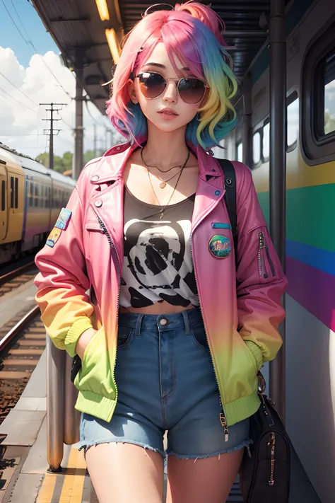 girl with rainbow hair, sunglasses, rainbow style jacket, cool train background