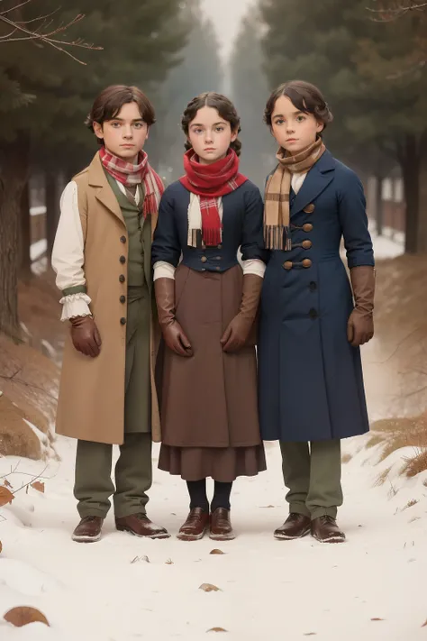 year: 1852. Location: Rock Island, Illinois. Pre-Raphaelite scene with two boys and one girl, 9-year-old to 13-year-old, on their way to school, winter snow, ((((casual Clothing from the 1850s, scarf and gloves)))) ((Hairstyle of the 1850s)), ((("OMITB" ci...