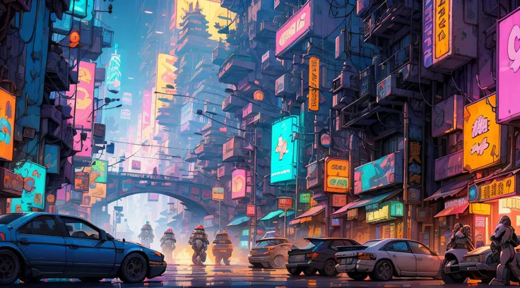 Future City,Tokyo,cyberpunk,(Neon Signs),(Intricate:1.3),Cyberpunk Night,Masterpiece,(Droids:1.3),(Mechs:1.5),RGB,Cyberpunk City Sci-Fi Movie,(Bridge),Cables,Super Detailed,High Quality,Super Detail,Crazy Details , highly detailed, Epic composition, Best q...