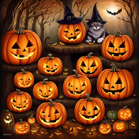 pumpkin with face, halloween, wolf, cat, witchy