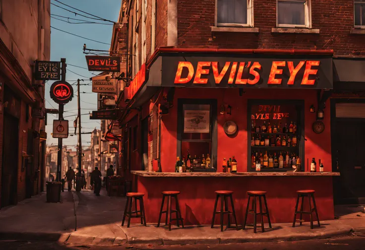 (best quality, 4k, 8k, high resolution, masterpiece: 1.2), ultra detailed, (realistic, photorealistic, photorealistic: 1.37),a bar at the foot of a lonely street, on top of the roof there is a bright sign that says ("Devils Eye":1.4) (on the street there a...