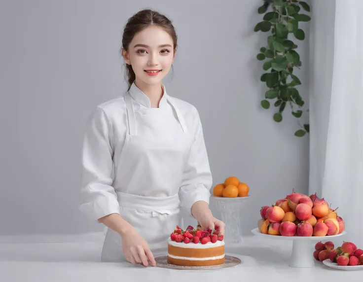 30-year-old girl in full height, cropped hair, amazing body, pronounced feminine features, light curly hair, Flirting with the camera, kitchen, apron, fruit, Flowers on the table, Cooking cakes and cakes. Next to stand a girl of 8 years old, together makin...