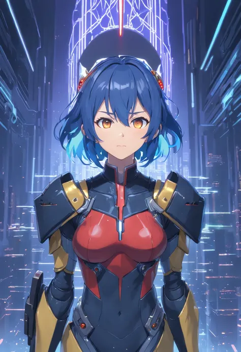 Only one woman, Wear a cybernetic suit+Ant-Man costume+black armor with golden parts, extremely tight on the body，Tight, blue  hair, Very short hair, Very messy hair, the hair，Bangs in front of the eyes, helmet on her head, looking at viewert, (((Pose for ...