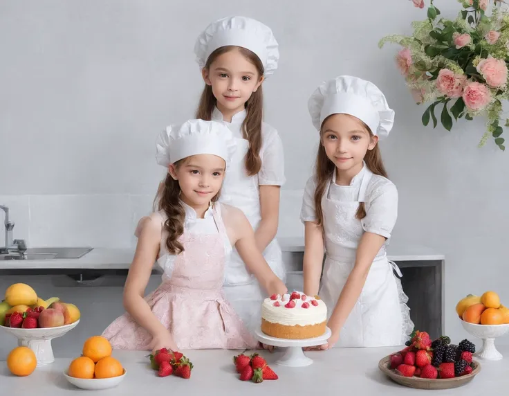 Three 10 year old girls in full height,  in a kitchen, Making cakes together.  flirting with camera, kitchen, dress and apron, fruits, Flowers on the table, Preparation of cakes and pastries.