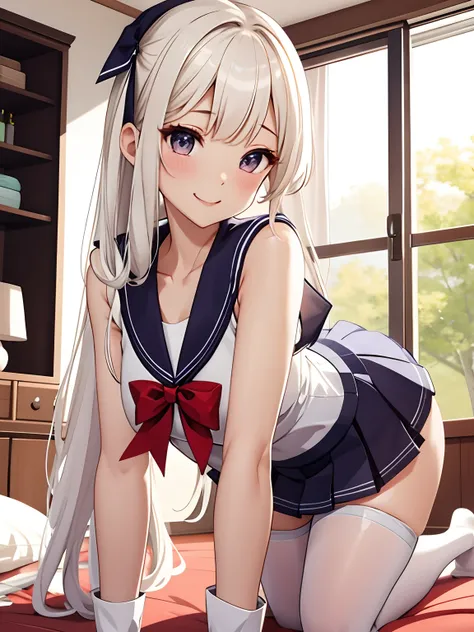 top-quality、realistic touch,high-detail、 Sailor suit and large high school student、Sheer costumes、skirts that are too short、Not wearing underwear、big eye、long lashes、Long upper eyelashes、platinum-blonde、cute little、Beautie、A sexy、darkened room、full body Es...