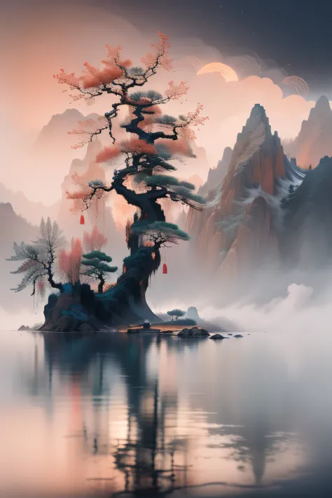 ((Masterpiece)),((Best quality)),((High- sharpness)),((Realistic,)) Chinese landscape ,closeup view,Mist ,Heavy fog,Lakes and waves,tree,snow mountains,Reflection,Minimalism,zen aesthetic,Zen composition,Chinese landscape painting,4K((Masterpiece)),((Best ...