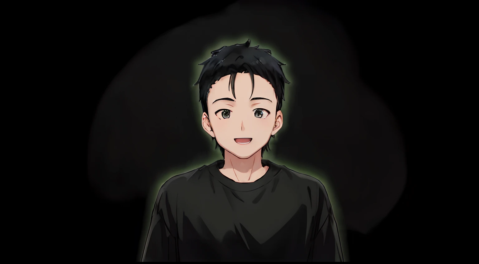 anime style boy, black hair, black jacket, grey t shirt, black eyes, happy face, simple background, green background, opened mouth, talking