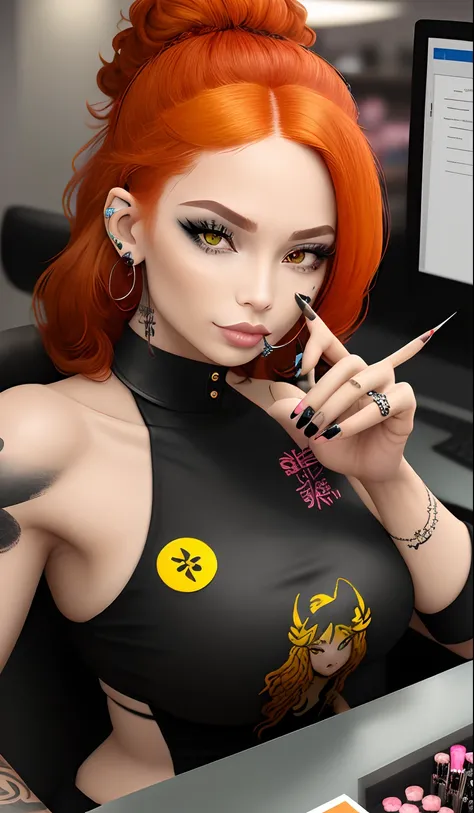 Nail technician working office nail art girl power mixed-race black tatoo piercing gingerhair glass nail artist