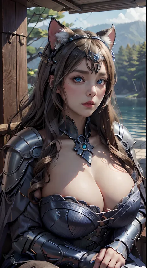 realisitic、Intricate details,Beautiful woman、buffalo、Enchanting Goddess、mixed race、deceptive advertising,  、Intimidating, Dark Fantasy、Detailed Armor、Fat Woman、Cats face from the neck up、Cat face、、Wearing armor、a blond、Blue eyes、Crisp double eyelids、big ey...