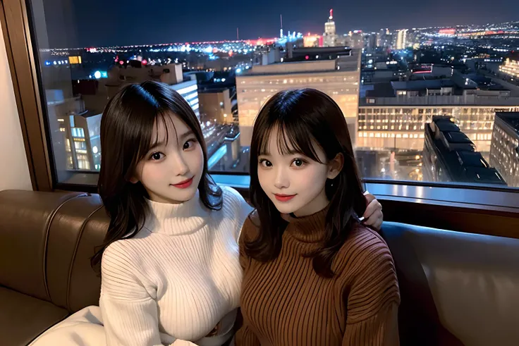 two womens(24 year old、Height 145 cm、huge tit、g-cup、sexual excitement、hot、Wearing knitwear)Sitting on a sofa in an upscale hotel、In the background, you can see the night view from the upper floors