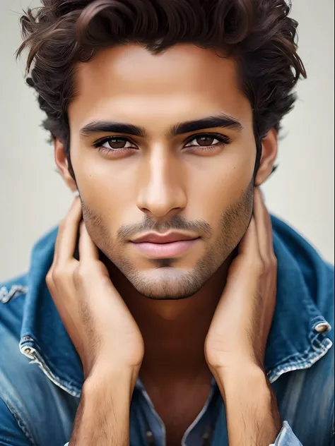 Photorealistic portrait of a stunningly beautiful young tanned Brazilian supermodel guy, Extremely detailed light honey eyes, detailed symmetrical realistic face, extremely detailed natural texture, peach fuzz, Windy disheveled hair, Masterpiece, absurdres...