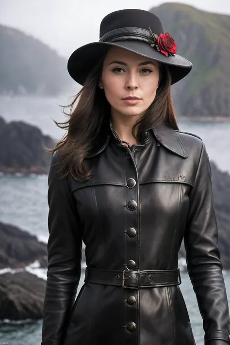 photo of S161_GuinevereHuney, a stylish woman, on a (rocky-island:1.1), wearing a (leather-coat:1.1), (foggy:1.1), (8k, RAW photo, best quality, depth of field, ultra high res:1.2), (absurdres, intricate, photorealistic, masterpiece, ultra-detailed:1.3)