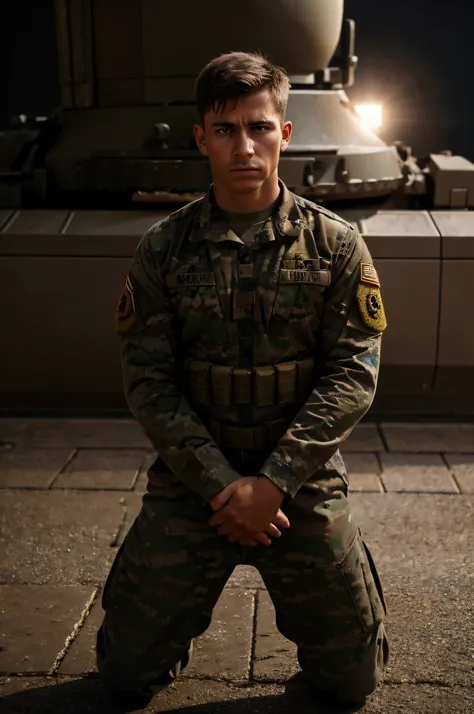 soldier ,kneeling ,sad ,determined ,eyes open ,front view ,man