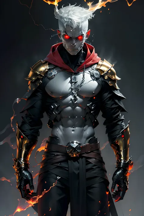 best quality, high resolution, 8k, HD realistic, sharp focus, full body, a devil with a Gold hood, with silver lightning armor, standing in a fire, fire background.  red eyes. perfect skull.