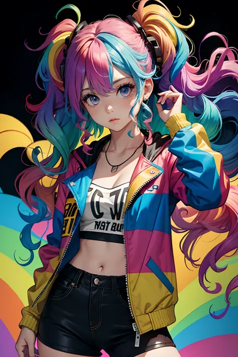 girl with tied messy attractive, rainbow curly hair, rainbow style jacket, cool bomb explosion background