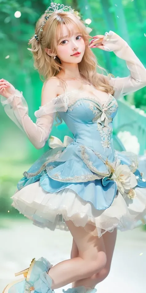 Cinderella in a mini dress、large full breasts、beautiful foot、Blonde wavy hair、、Good Style、、gorgeous tiara、One piece with a glass-like texture、diadems、Fairytale forest