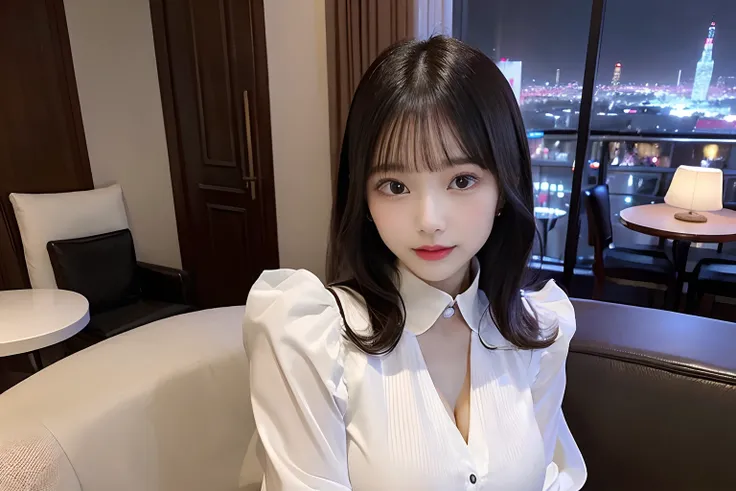 two womens(22year old、Height 145 cm、huge tit、g-cup、sexual excitement、hot、Wearing a white blouse with a long-sleeved collar)Sitting on a sofa in an upscale hotel、In the background, you can see the night view from the upper floors