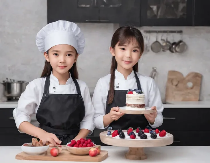 one Asian girl and one Slavic girl, 10 years old, one boy 12 years old, standing in the kitchen at full height, Making cakes together. flirting with camera, kitchen, dress and black apron, fruits,  The Process of Making Cakes and Pastries. Flowers on the t...