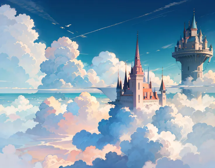 The background is a vast sky with castles on flying islands, surrounded by clouds, the main tone is pink.