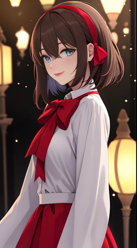 (Extremely delicate and beautiful:1.2),1girll, bangs, Blue eyes, Blurry, The background is blurred out, bow, Brown hair, Closed mouth, From the side Side, hair between eye, Hair accessories hair bye, lantern, Light particles, Long sleeves, view the viewer,...