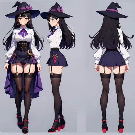 ((masterpiece)),(((best quality))),(character design sheet, same character, front, side, back, and underwear), illustration, 1 girl, genshin impact style, full body, witch , purple witch hat, long black hair, medium breasts, purple mini skirt, corset, whit...