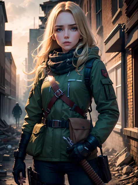 Dramatic lighting, one woman, like Jodie Comer, long blonde hair, blue eyes, frown, peering off to one side, green goretex jacket, keffiyeh, tactical gloves, woollen jumper, equipment belt with holster and scabbard, hiding against brick wall, holding Glock...