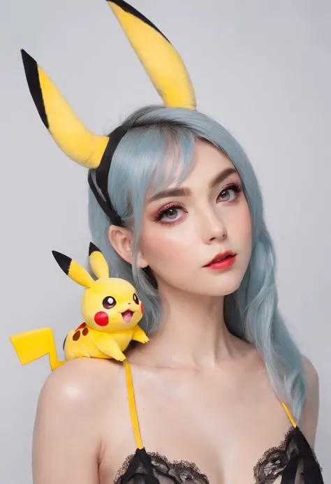 breathtaking woman with pikachu ears, dressed in sexy pokemon lingerie posing for a photo in a light minimal studio, darksynth aesthetic, minimal background, pokemon makeup, pokemon fashion photography, ultra detailed, masterpiece.