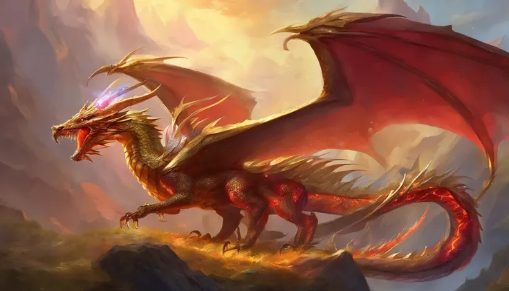 A metallic wyvern, gold wyrm, metallic dragon, Red gemstone spikes, jeweled wings