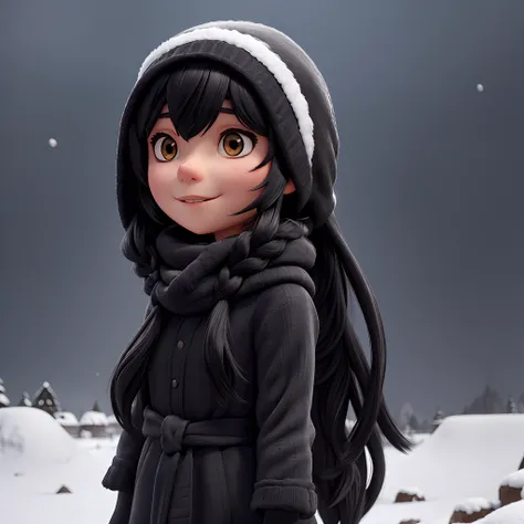 Girl with black long hair with bangs using black necklace in Russia in snow wearing black snow mask, black scarf, Black cap, black mask, black balaclava