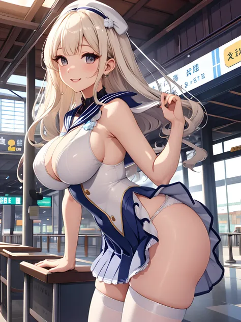 top-quality、realistic touch,high-detail、 Erotic sailor suit、High school students、Long body、Sheer costumes、skirts that are too short、Not wearing underwear、big eye、long lashes、Long upper eyelashes、platinum-blonde、cute little、Beautie、A sexy、Railway Station Pl...