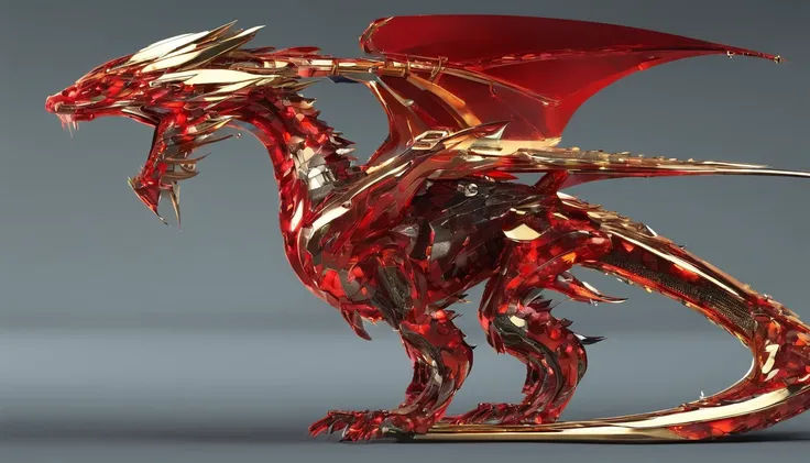 A metallic wyvern, gold wyrm, metallic dragon, Red gemstone spikes, jeweled wings