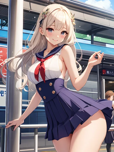 top-quality、realistic touch,high-detail、 Erotic sailor suit、High school students、Long body、Sheer costumes、skirts that are too short、Not wearing underwear、big eye、long lashes、Long upper eyelashes、platinum-blonde、cute little、Beautie、A sexy、Railway Station Pl...