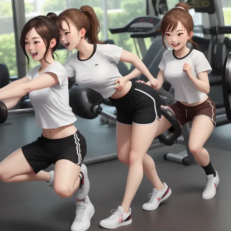 White t-shirt, black gym shorts, sneakers, grinding teeth, brown hair, ponytail, exposed ,