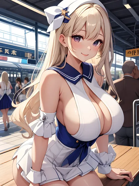 top-quality、realistic touch,high-detail、 Erotic sailor suit、High school students、Long body、Sheer costumes、skirts that are too short、Not wearing underwear、big eye、long lashes、Long upper eyelashes、platinum-blonde、cute little、Beautie、A sexy、Railway Station Pl...