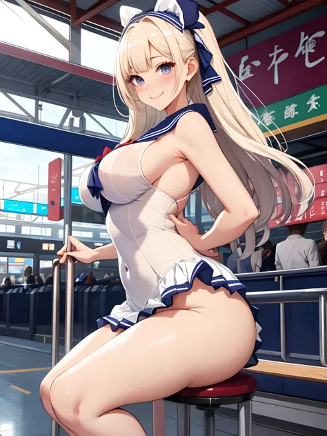 top-quality、realistic touch,high-detail、 Erotic sailor suit、High school students、Long body、Sheer costumes、skirts that are too short、Not wearing underwear、big eye、long lashes、Long upper eyelashes、platinum-blonde、cute little、Beautie、A sexy、Railway Station Pl...