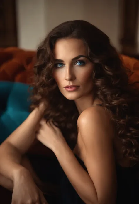 Sexy Woman,  long curly brown hair, blue eyes, high arched eyebrows sitting on a couch