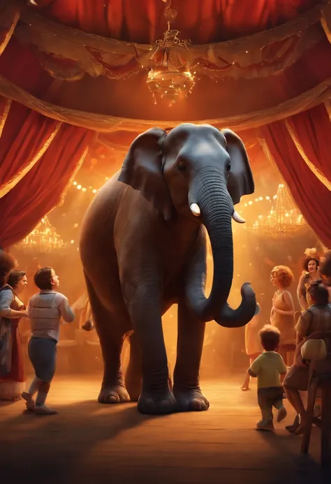 A childrens story inspired by Disney Pixar (ELEFANTE DE CIRCO COM TAPETE NAS COSTAS, SUPER ALEGRE, RODEADO DE ANIMAIS) dentro A cena estar na arte distinta do estilo PIXAR, descolada e estilosa, The set is a circus with an audience in the background