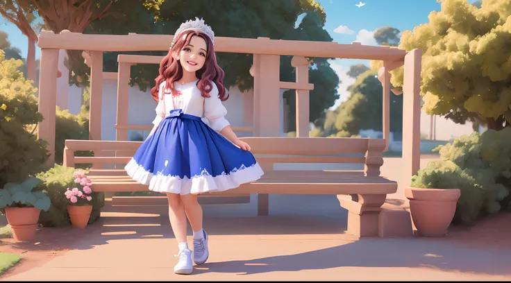 cenario de um parque infantil com baloes, universo disney PIXAR colorido, texturas, mulher de 33 ano, brasileira, cabelo moreno claro comprido e solto com vestido rosa, usando brincos prata, colar, pulseira e anel. On his left hand he wears a wedding ring....