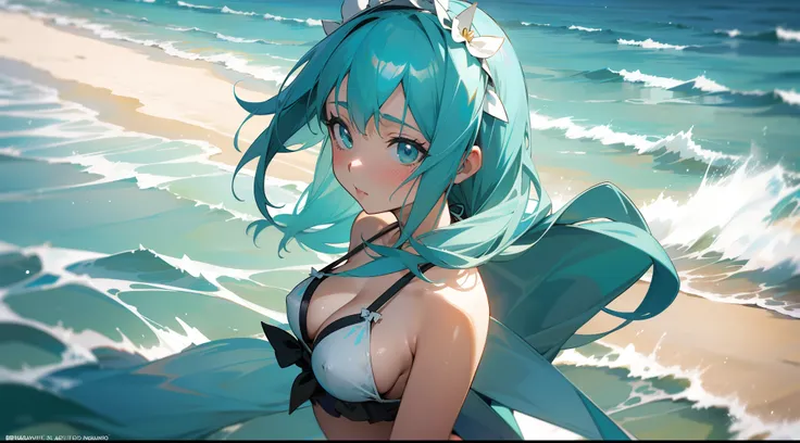 A closeup of a woman in a bikini on a beach, roupa de banho, Mayuri Shiina, Aqua, Konosuba, bswimsuit, is wearing a swimsuit, kantai collection style, Estilo de pista Azur, Realistic bikini, bikini blue, Marin Kitagawa Fanart, arte oficial do anime, anime ...