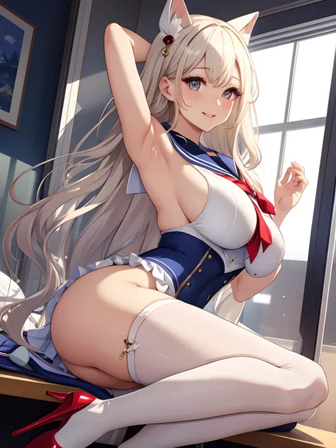 top-quality、realistic touch,high-detail、 Erotic sailor suit、High school students、Long body、Sheer costumes、skirts that are too short、Not wearing underwear、big eye、long lashes、Long upper eyelashes、platinum-blonde、cute little、Beautie、A sexy、Commuting to schoo...