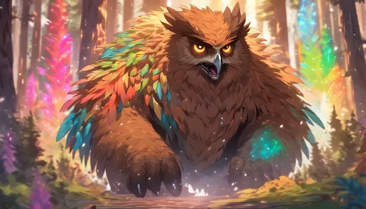 Owlbear, Fantasy Monster, Rainbow Feathers, Long Bear-Like Claws, Dungeons and Dragons, Forest Background, High Detail