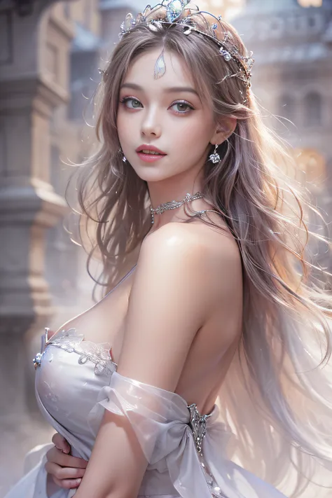 ((tmasterpiece:1.4)、(top-quality:1.4)、(reallistic:1.7))、By Luis Royo（By Luis Royo）Surreal portrait of a beautiful girl、Super beautiful girl、((1girl in:1.4))、Shiny natural skin texture、(The Queens Gorgeous Costume)、(Off-the-shoulder white one-piece mini ski...