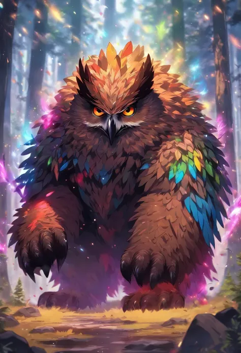 Owlbear, Fantasy Monster, Rainbow Feathers, Long Bear-Like Claws, Dungeons and Dragons, Forest Background, High Detail