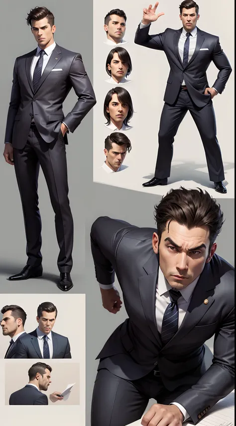 serious businessman, character design sheet, different poses, different angles