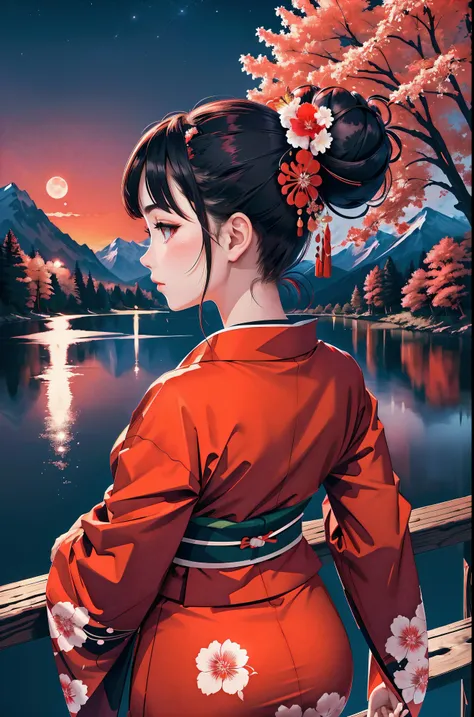 Highly detailed, High Quality, Masterpiece, beautiful, night, (dark environment), mountains, water, trees, red moon, Botan, BotanKimono, hair ornament, hair flower, double bun,  from behind, bare ass, tight kimono on ass