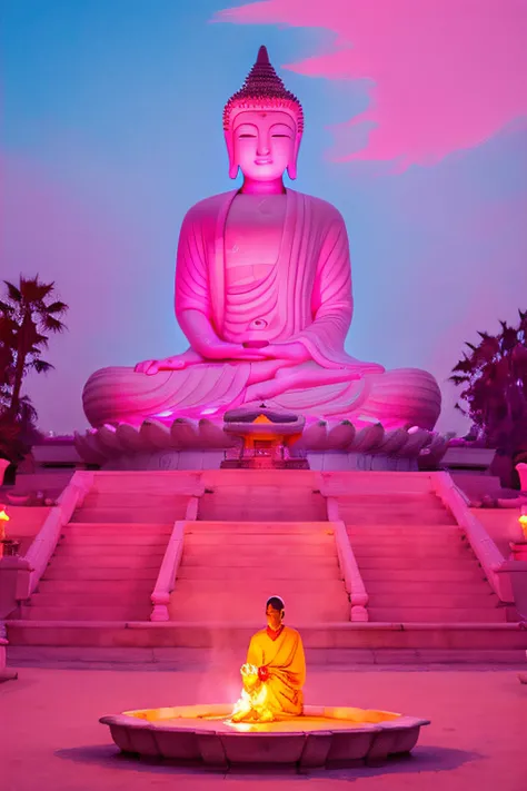 Painting of the Big Buddha。Glowing pink color